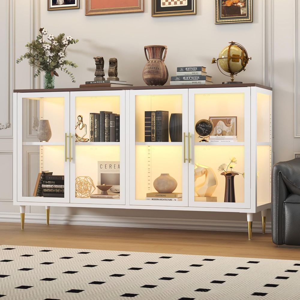Coffee & Tea Difabis - LED-Illuminated Glass Sideboard Cabinet, Metal &